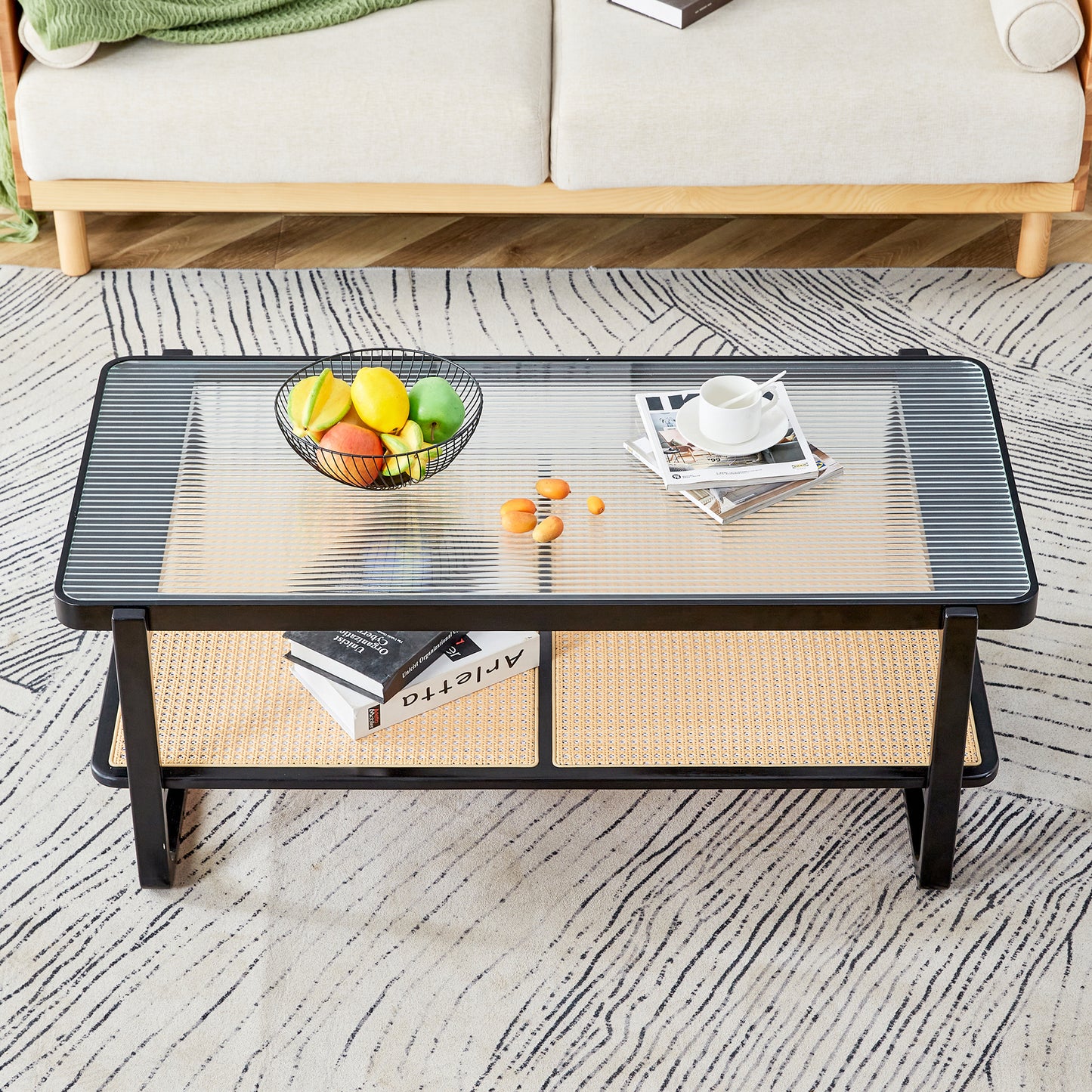 Elegant Rectangular Black Solid Wood Imitation Rattan Coffee Table with Chinese Style Side Table