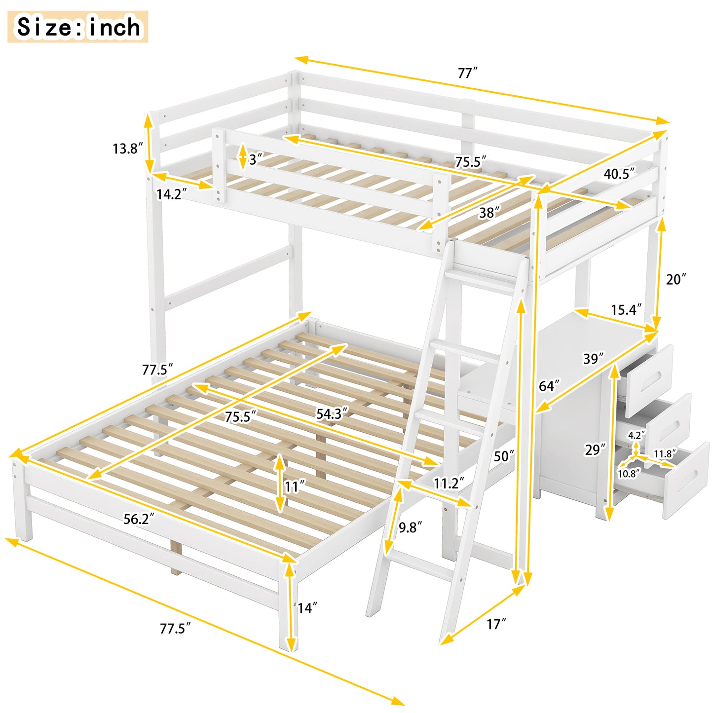 White Loft Bunk Bed with Built-in Desk and Storage