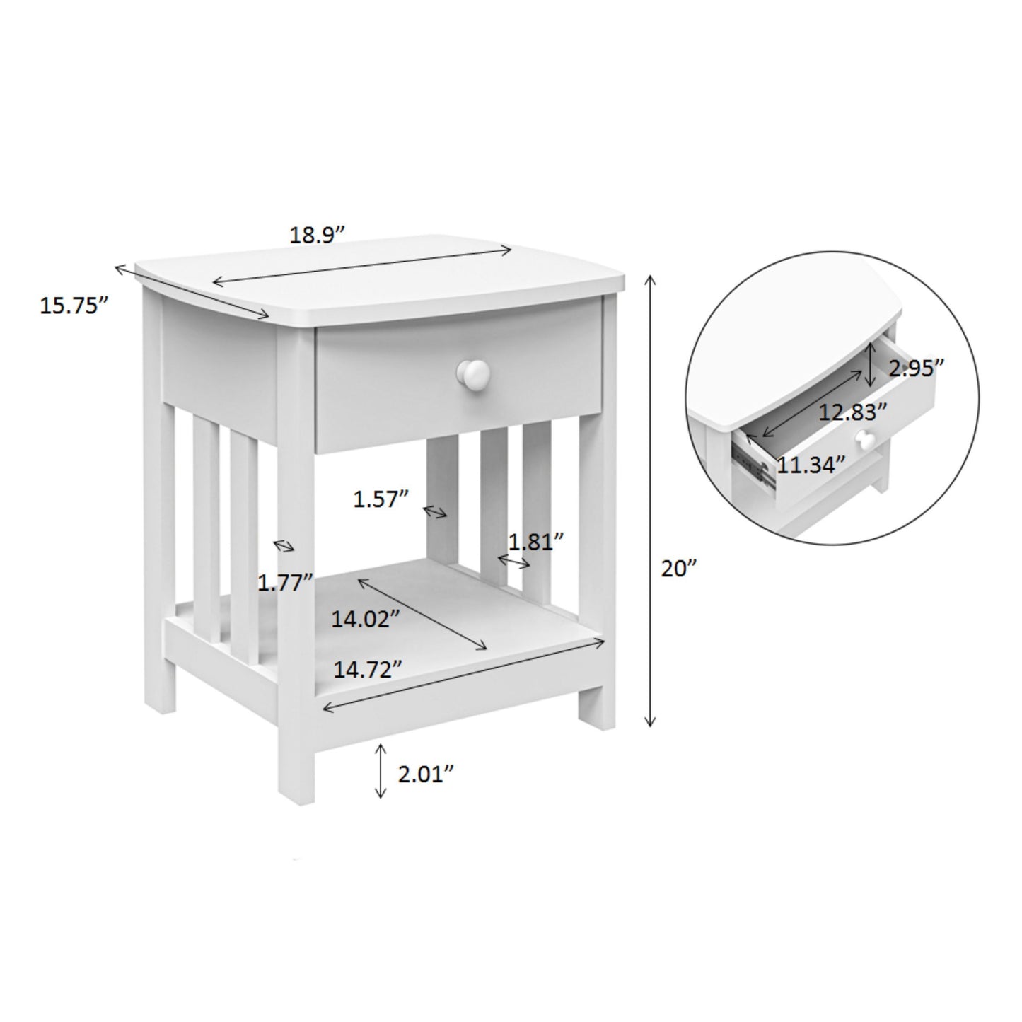 Mission Side Table, 1 Drawer Bedside Table with A Shelve Solid Wood Structure In White Paint Spray, Wooden Nightstand For Bedroom End Table For Living Room, Small Table- White