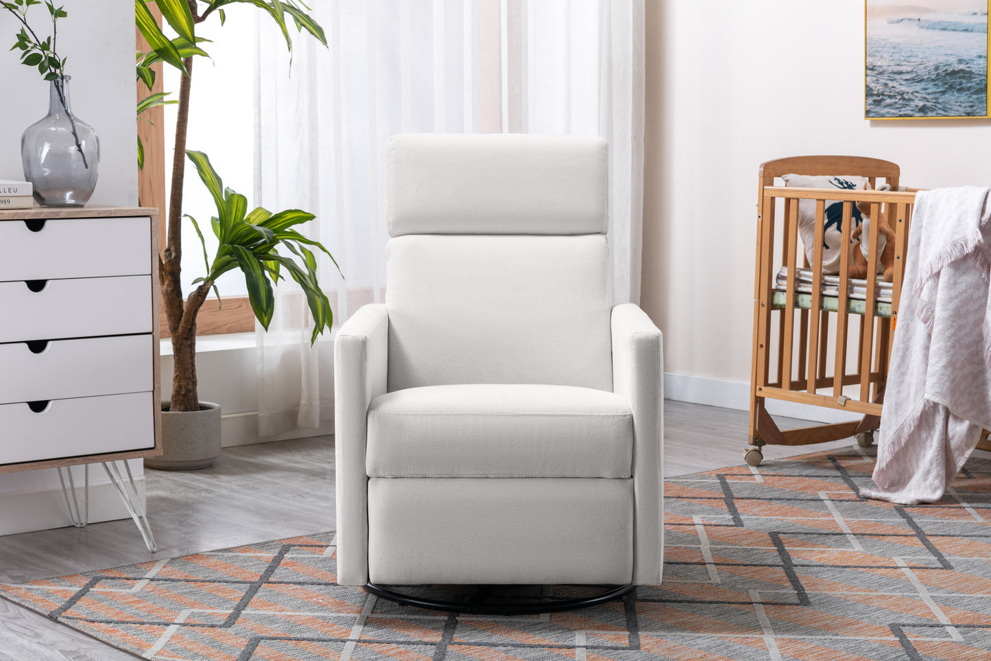 Swivel Reclining Nursery Chair with Modern Beige Upholstery