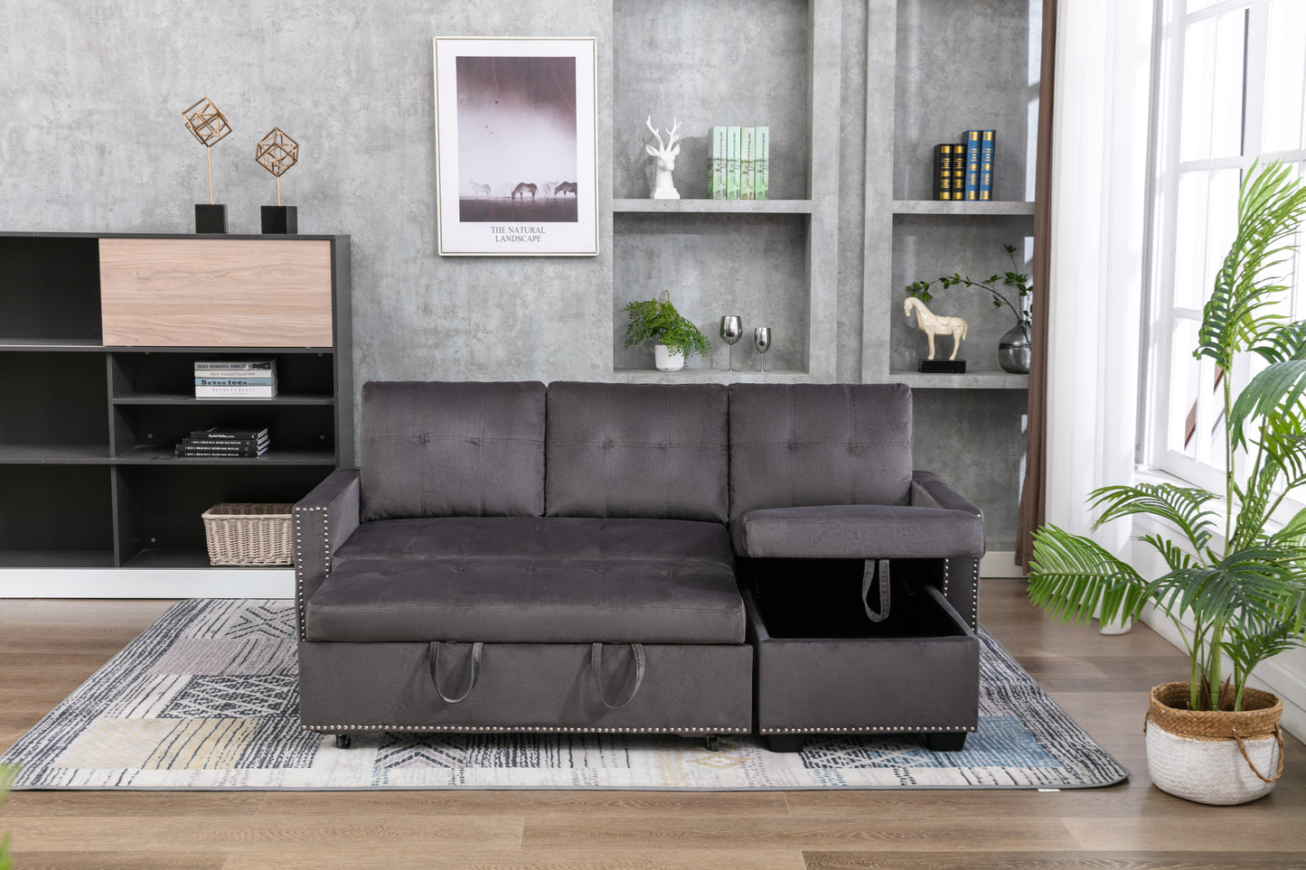 Luxurious Dark Grey Velvet L-Shape Sleeper Sectional Sofa Bed with Storage