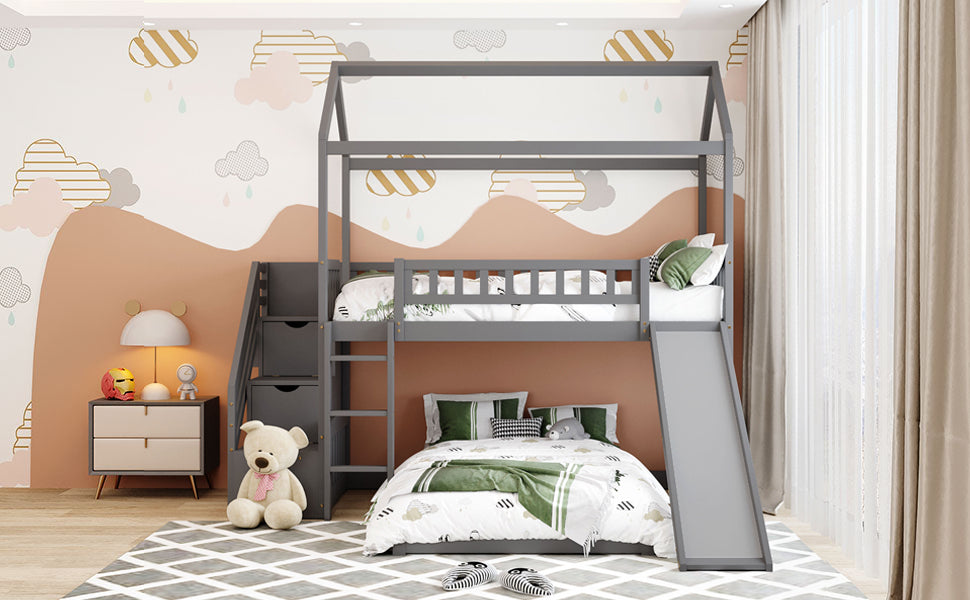 White House Design Twin Over Twin Bunk Bed with Slide and Storage Steps