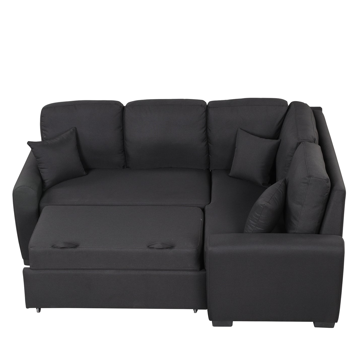 Sleeper Sectional Sofa with USB Charging Port and Plug Outlet, Pull-Out Bed with 3 Pillows, L-Shape Chaise for Small Living Spaces, Black