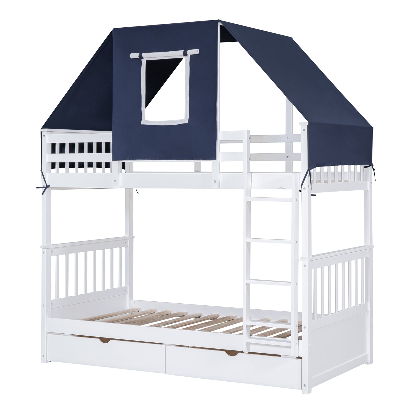 House-Shaped Twin Bunk Bed with Tent, Drawers, White & Blue