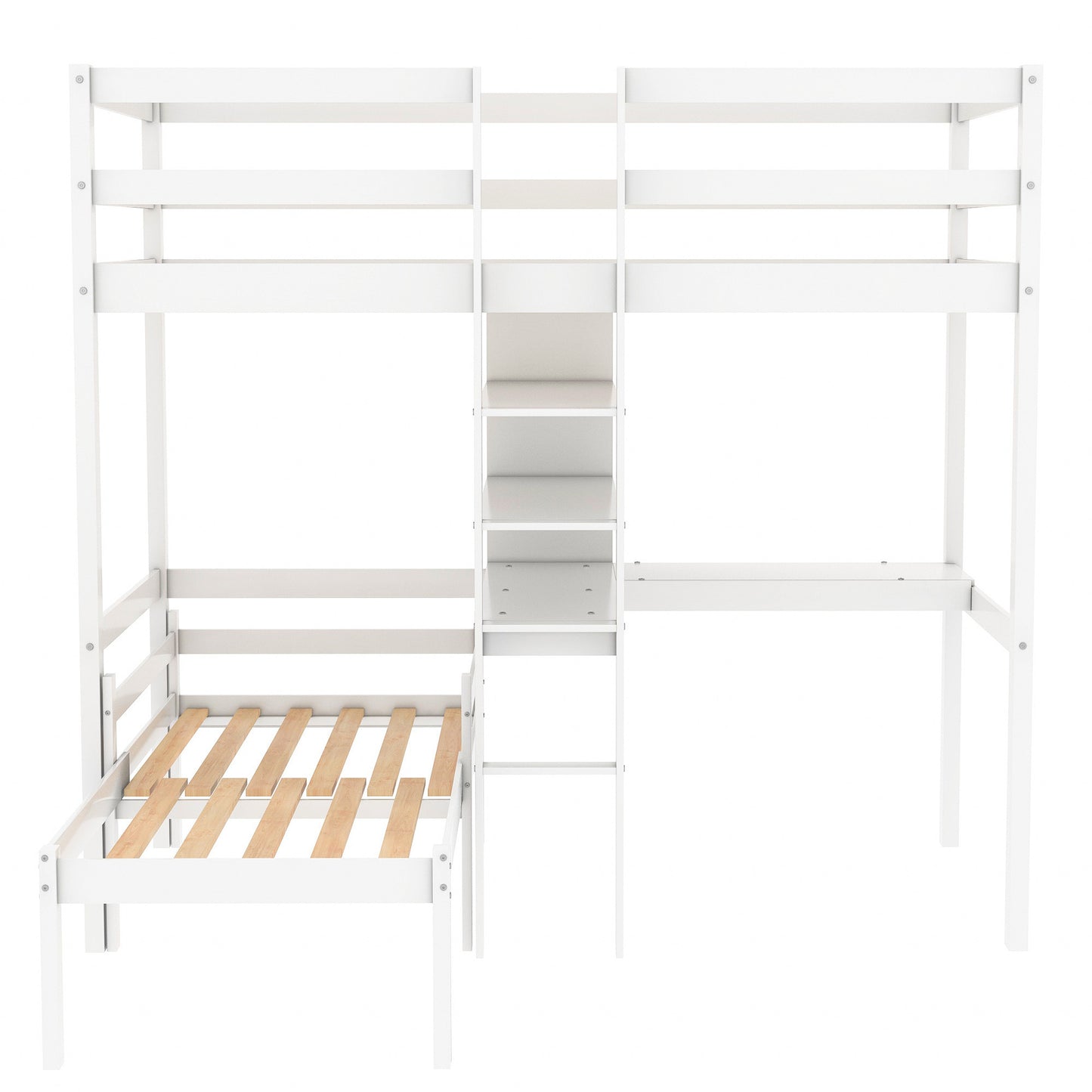 Convertible Loft Bed with L-Shaped Desk and Twin Bunk Bed in White Finish - Space-Saving Bedroom Solution