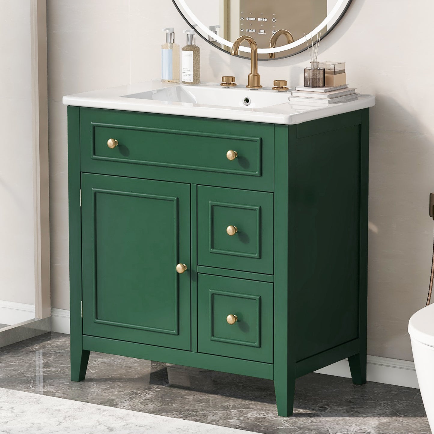 30" Bathroom Vanity with Sink Top, Bathroom Vanity Cabinet with Door and Two Drawers, Solid Wood Frame, One Package, Green