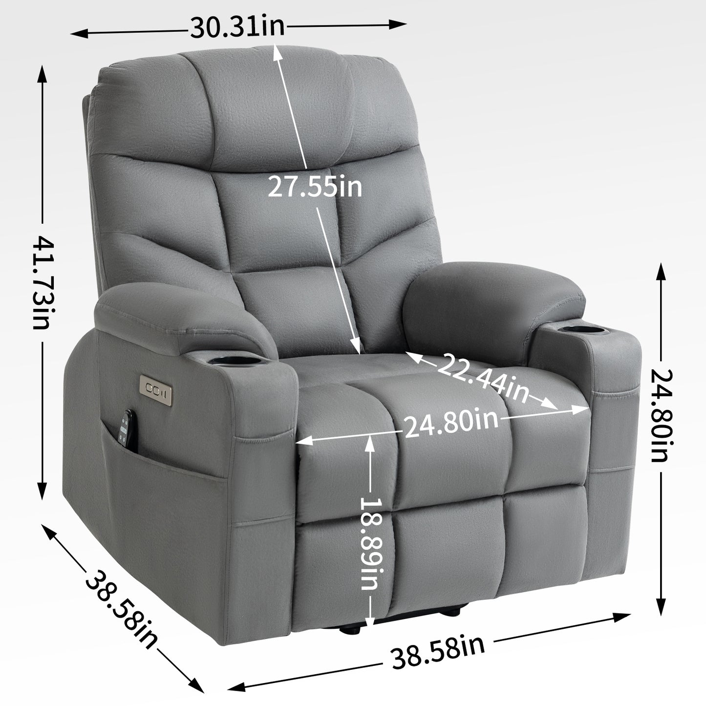 Grey Lift Recliner Chair with Massage, Heat, USB Ports, and Lumbar Support