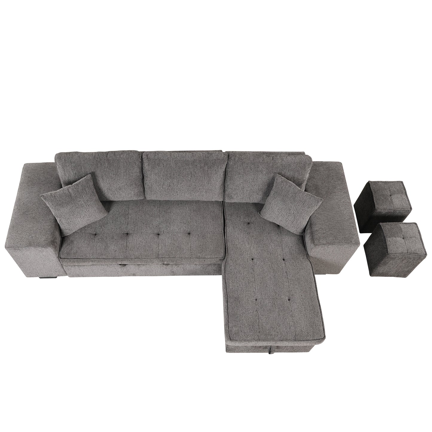 Modern L-Shape 3 Seat Reversible Sectional Sleeper Sofa with Storage Chaise and 2 Stools