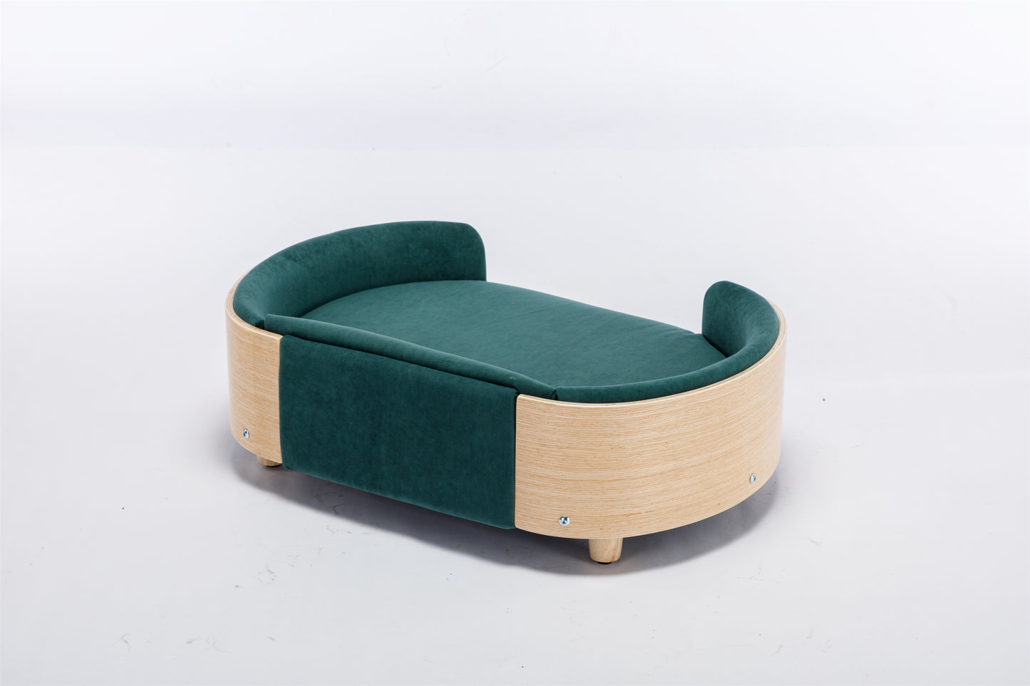 Scandinavian style Elevated Dog Bed Pet Sofa With Solid Wood legs and Bent Wood Back, Velvet Cushion,Mid Size,Dark green