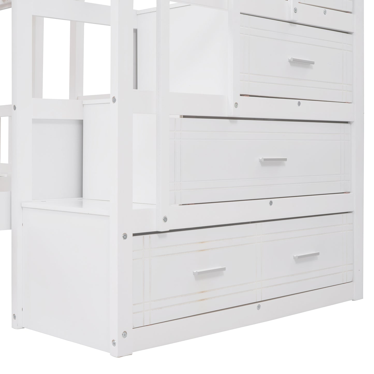 Three-Level Wooden Bunk Bed with Drawers, Full Over Twin & Twin Bunk Bed with Guardrails (White)