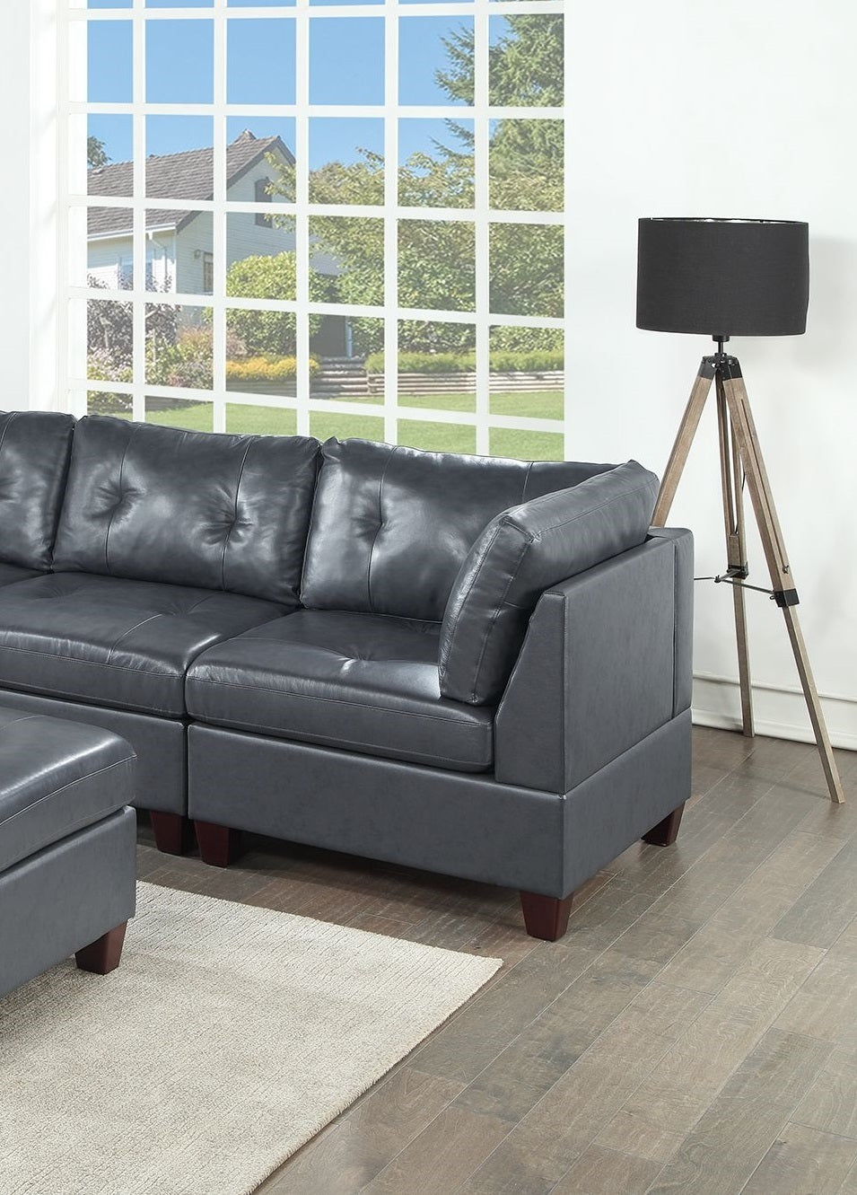 Contemporary Black Genuine Leather Modular Sectional Set with Tufted Detail