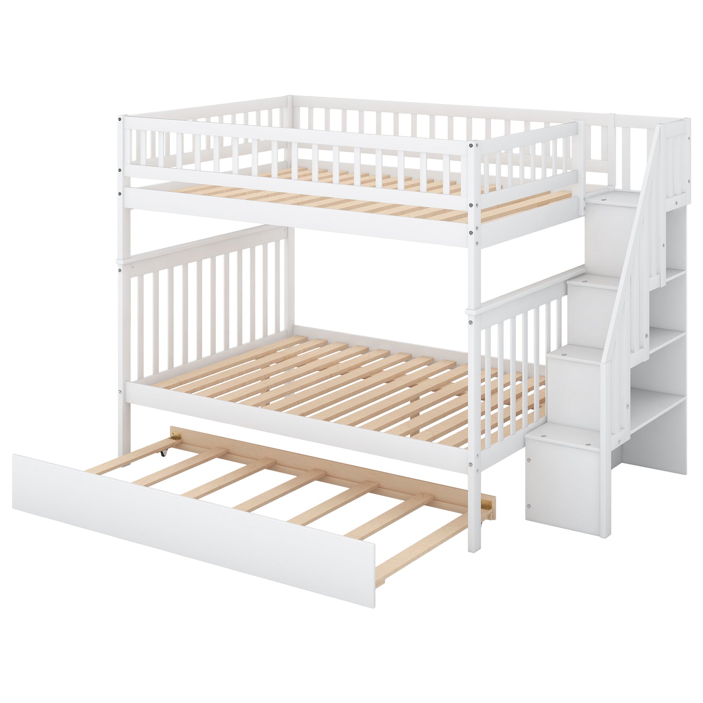 White Full over Full Bunk Bed with Trundle, Staircase, and Storage - Space-Saving Full Bunk Bed with Trundle