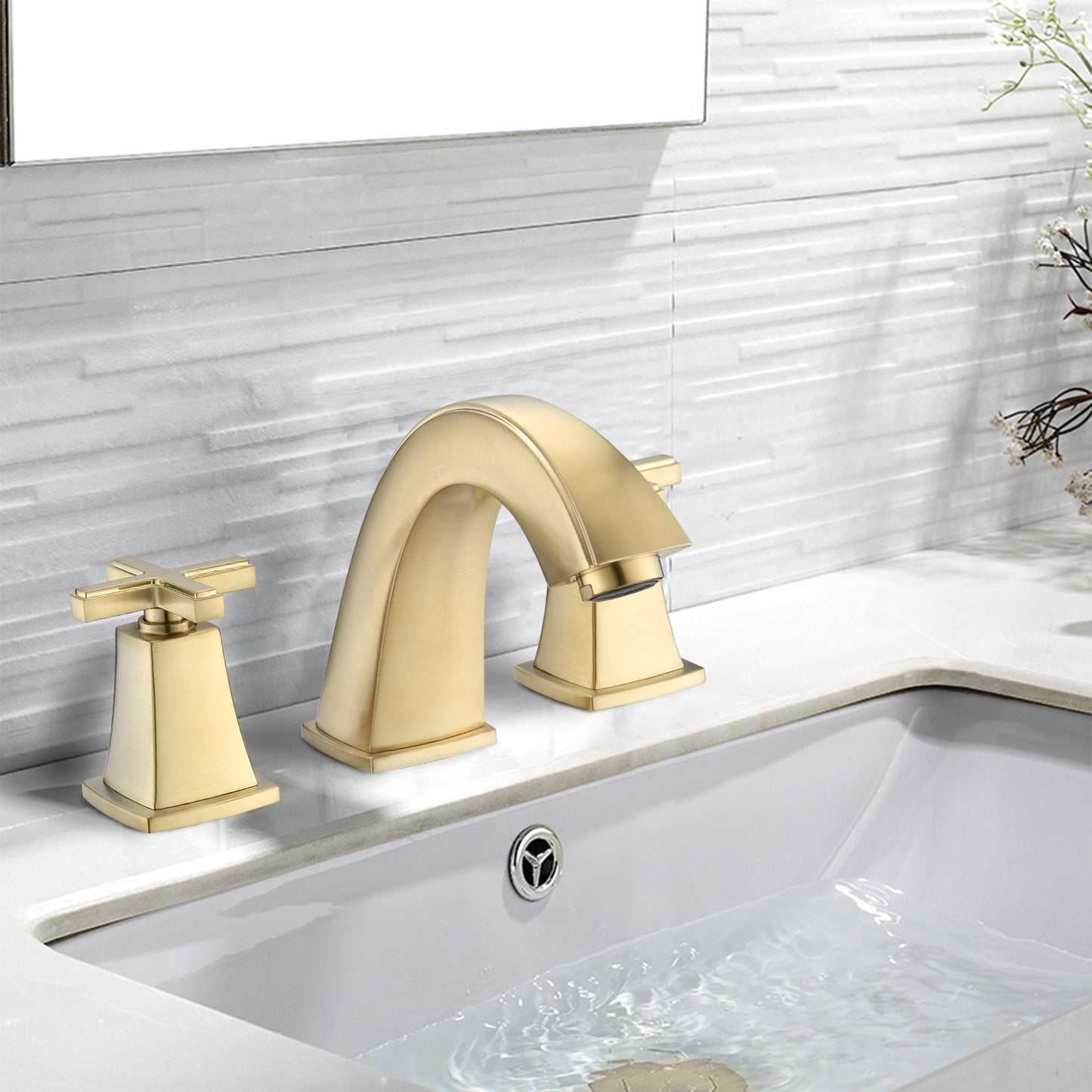 Luxury Brushed Gold Widespread Bathroom Faucet with 2 Handles and Drain Assembly