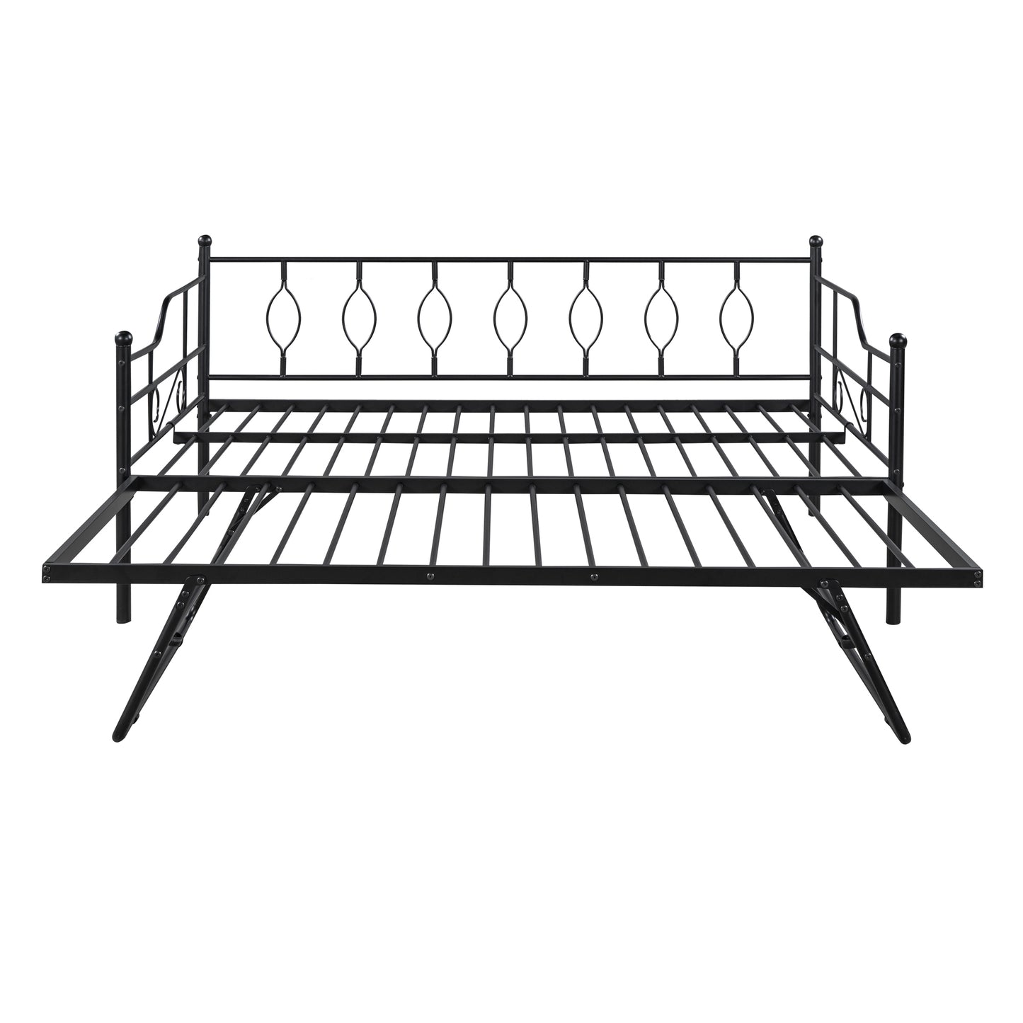 Full Size Metal Daybed with Twin Size Adjustable Trundle, Portable Folding Trundle, Black