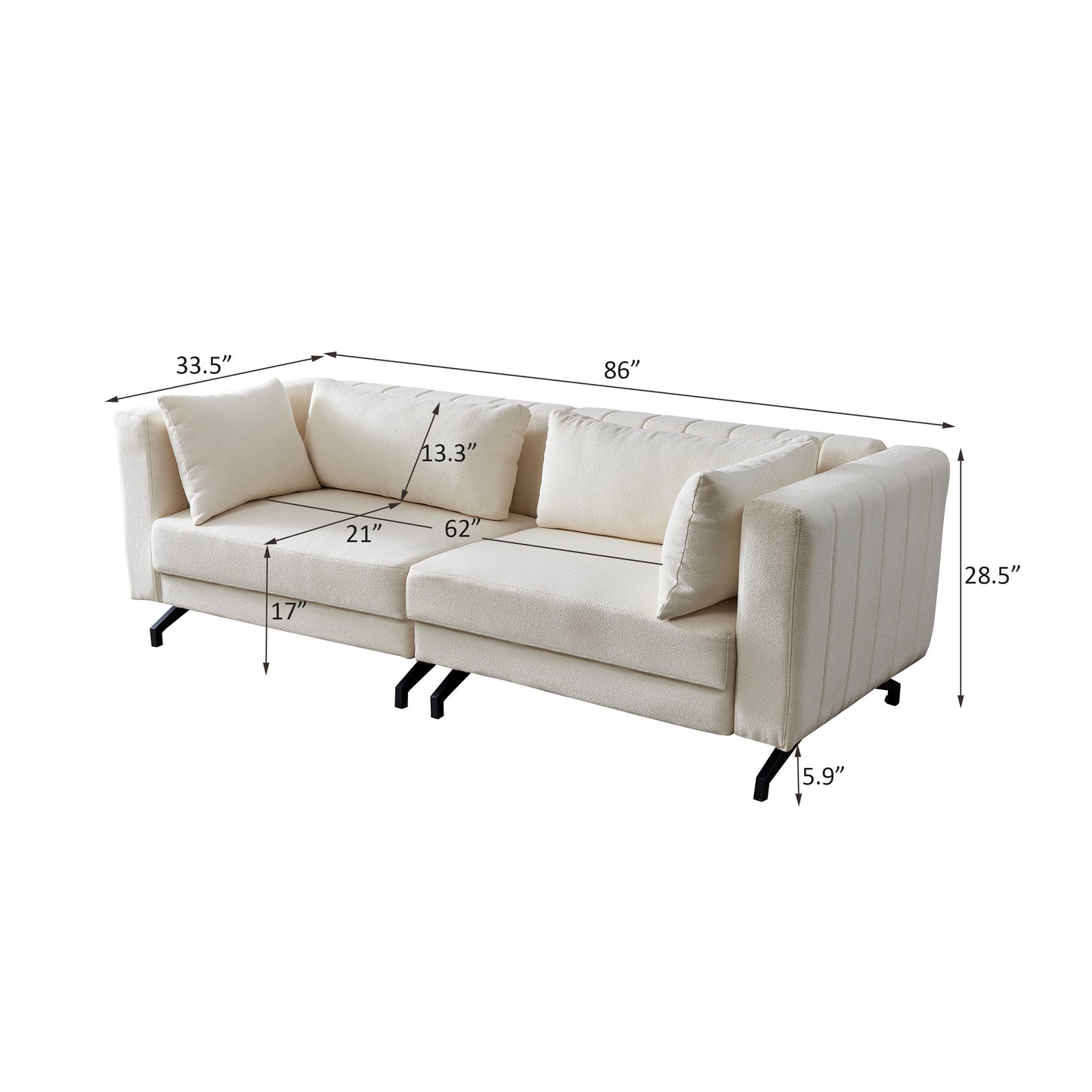 Living  Room  Sofa Couch with Metal Legs Ivory Fabric