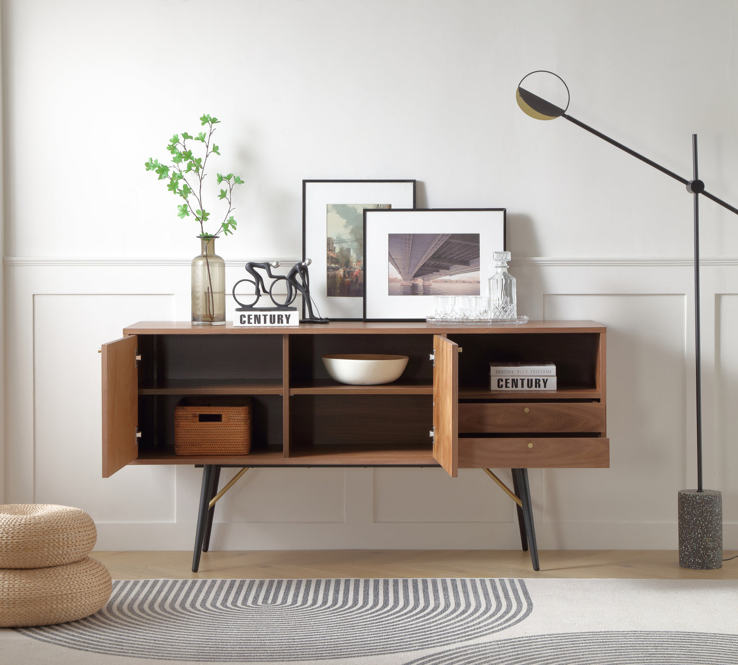 Versatile Modern Walnut Sideboard Buffet with Ample Storage and Waterproof Surface