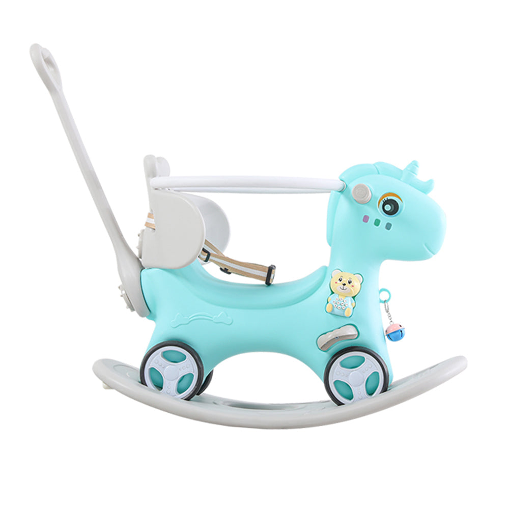 Blue Unicorn Rocking Horse and Ride-On Toy for Toddlers with Push Handle and Sound Button