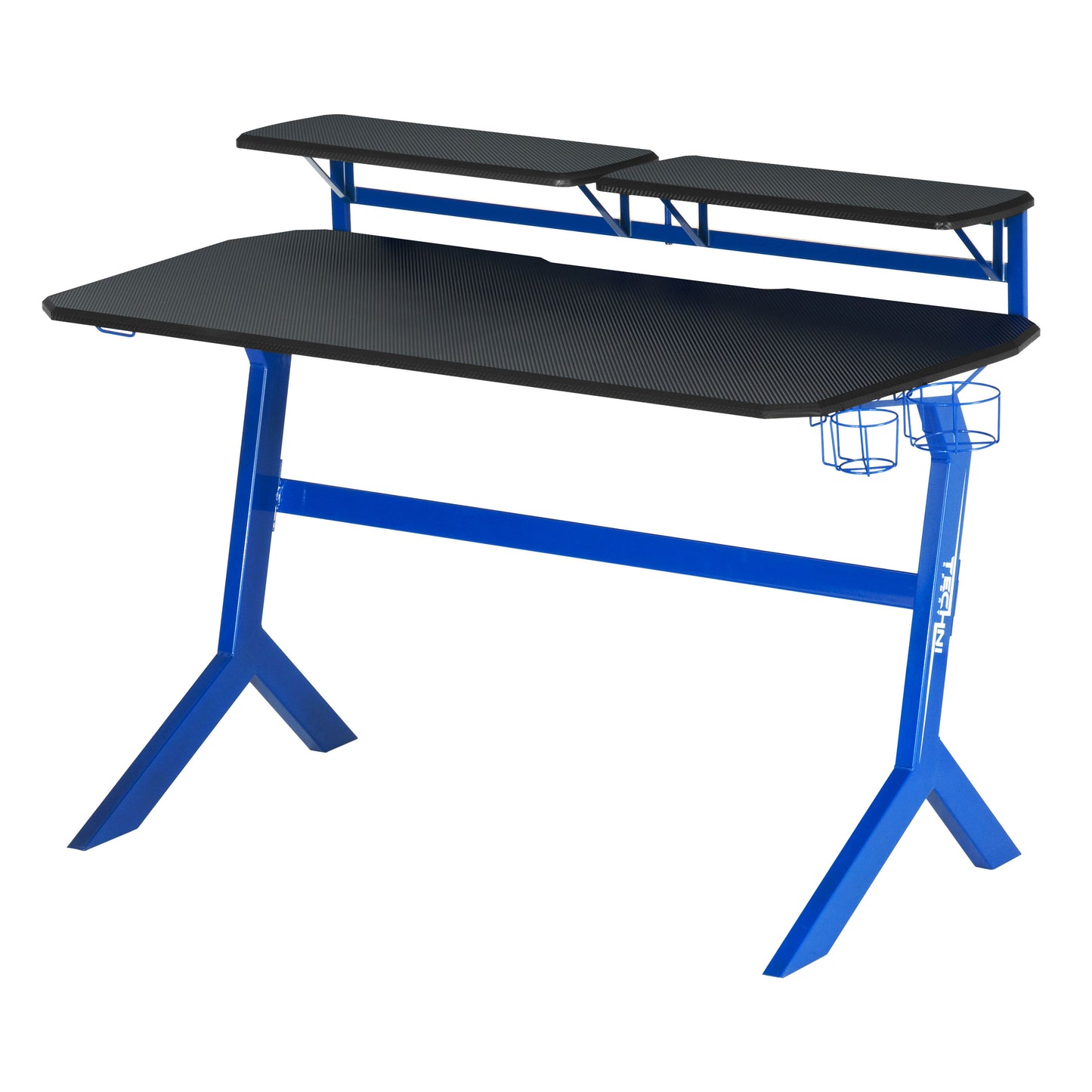 Techni Sport Blue Stryker Gaming Desk with Carbon Fiber Texture in Striking Blue