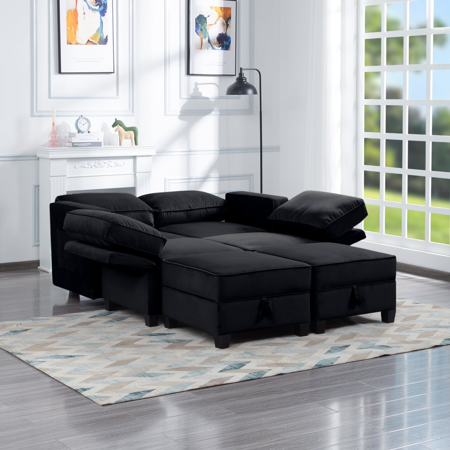 Black Velvet Symmetrical Modular Sectional Sofa with Ottoman - 116'' Square Arm (W223S00399)