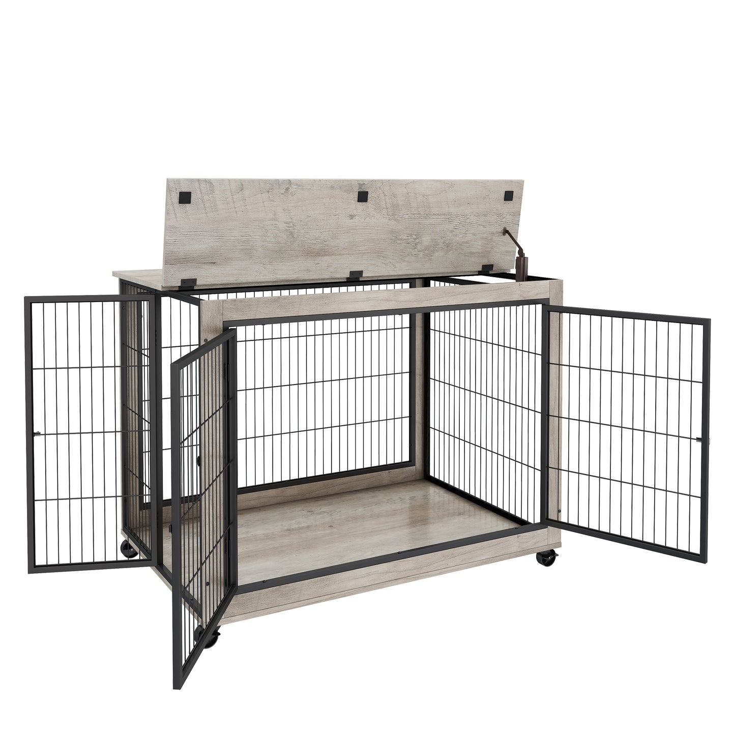 Furniture Style Dog Crate Side Table on Wheels with Double Doors and Lift Top. Grey, 43.7'' W x 30'' D x 31.1'' H.