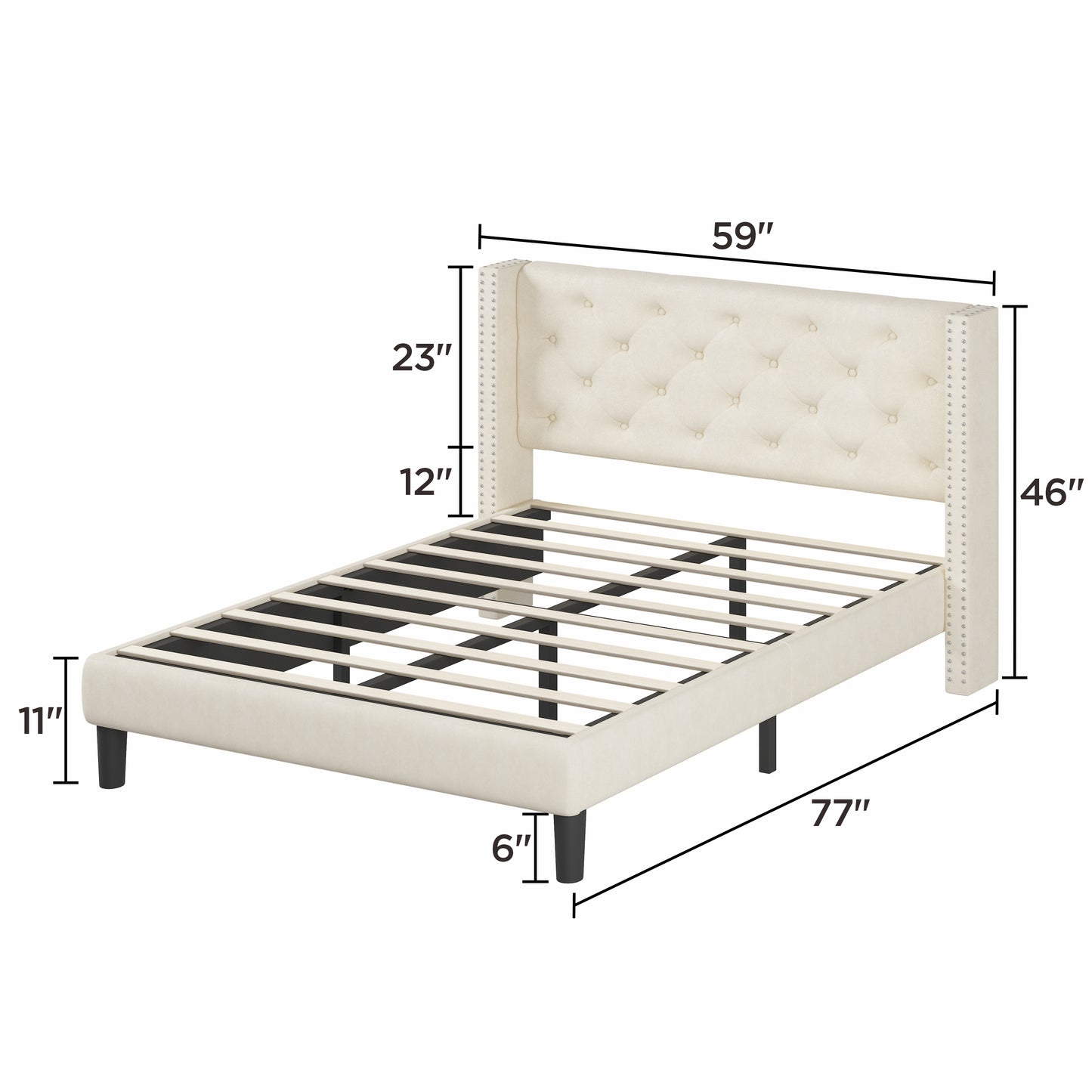 Full Size Frame Platform Bed with Upholstered Headboard and Slat Support, Heavy Duty Mattress Foundation, No Box Spring Required, Easy to Assemble,Beige