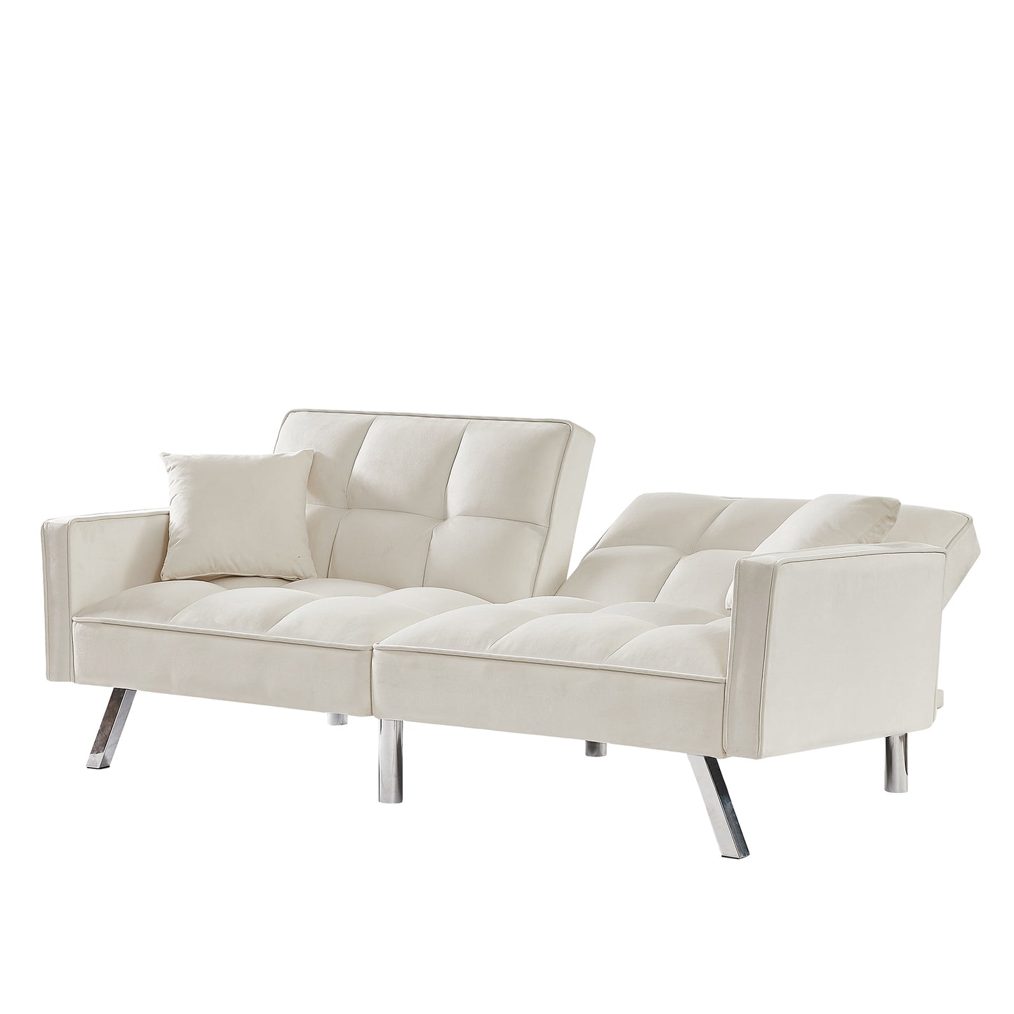 Cream White Velvet Sofa Couch Bed with Armrests and 2 Pillows for Living Room and Bedroom .(White)