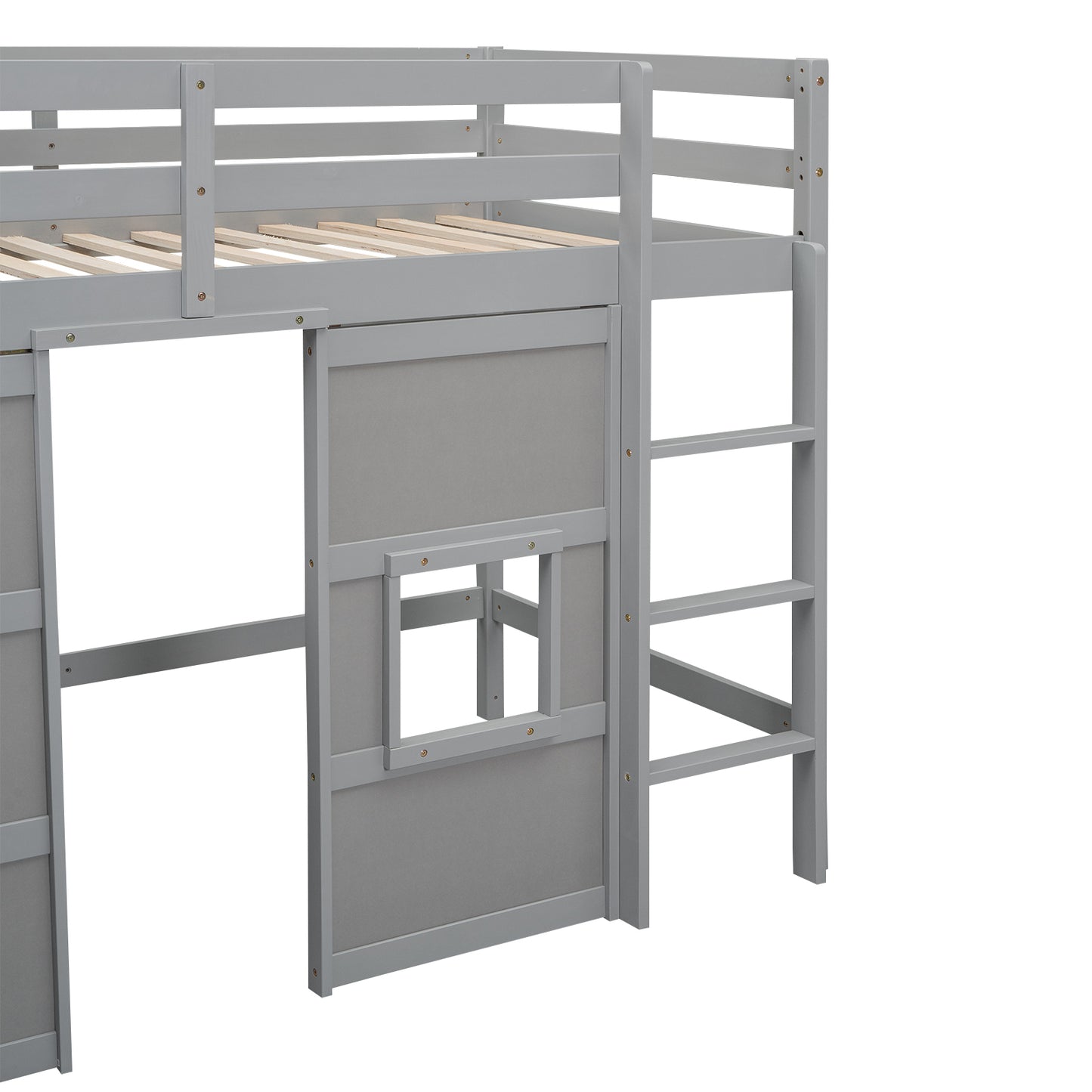 Wood Twin Size Loft Bed with Built-in Storage Wardrobe and 2 Windows, Gray