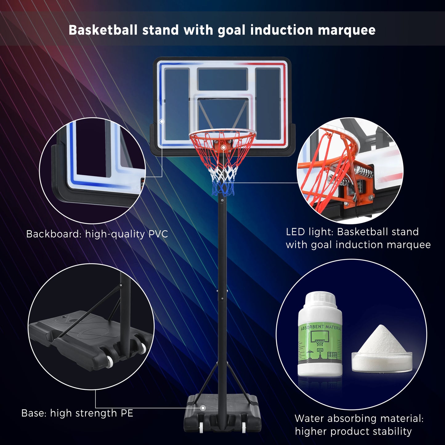 Portable Basketball Hoop Basketball System 4.76-10ft Height Adjustable for Youth Adults LED Basketball Hoop Lights, Colorful lights, Waterproof,Super Bright to Play at Night Outdoors,Good Gift for Kid