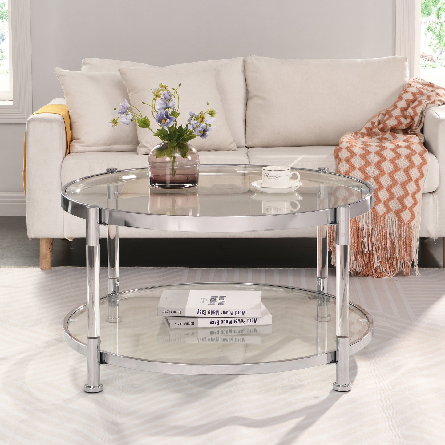 Contemporary Glass and Chrome Coffee Table with Acrylic Legs