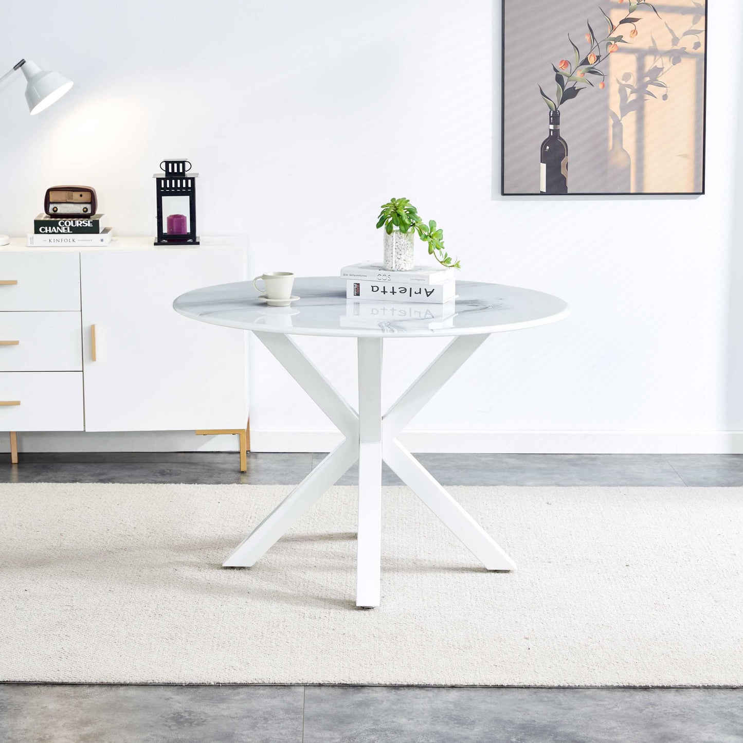 Modern White Round Dining Set with Cross-leg Table