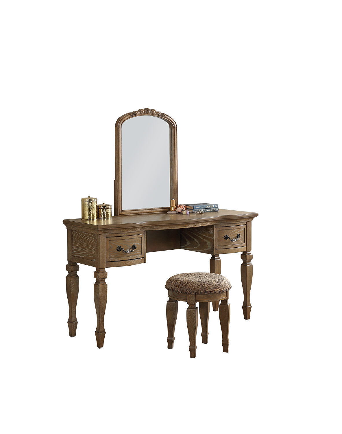 Bedroom Classic Vanity Set Wooden Carved Mirror Stool Drawers Antique Oak Finish