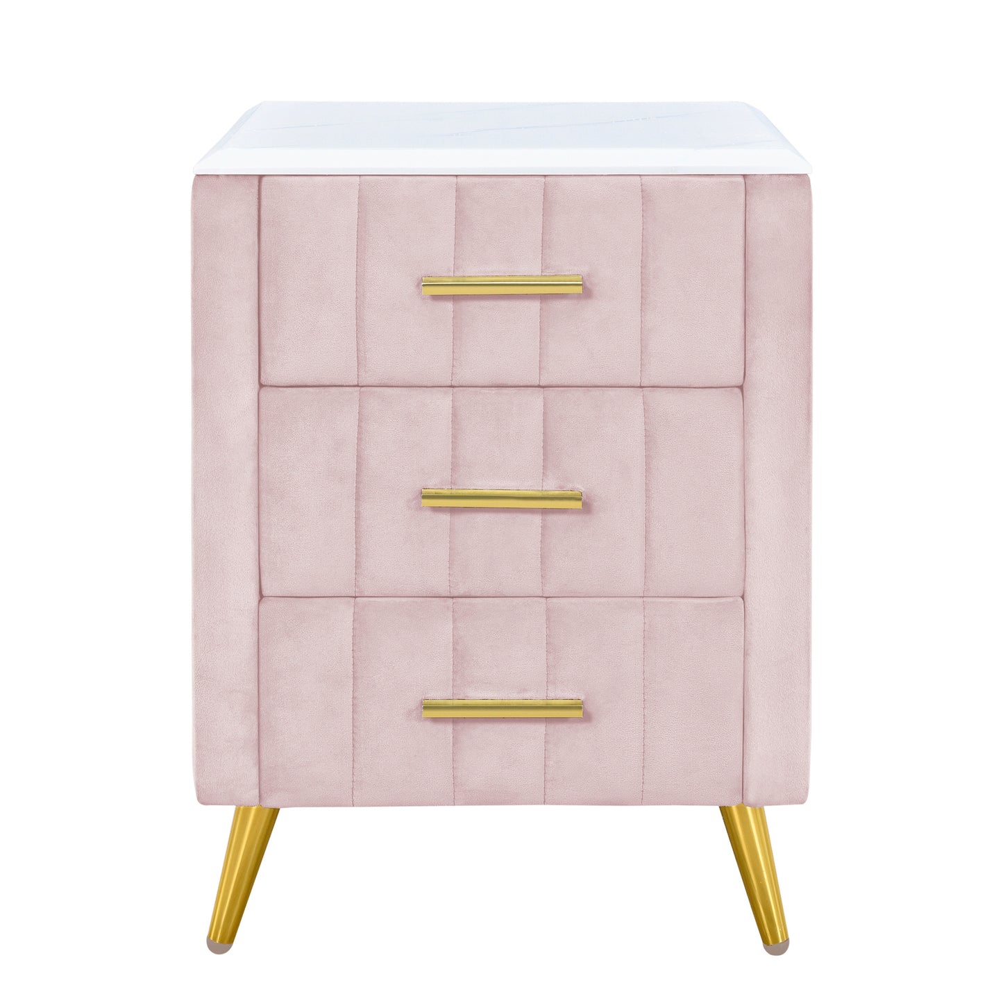 Upholstered Wooden Nightstand with 3 Drawers and Metal Legs&Handles,Fully Assembled Except Legs&Handles,Bedside Table with Marbling Worktop - Pink