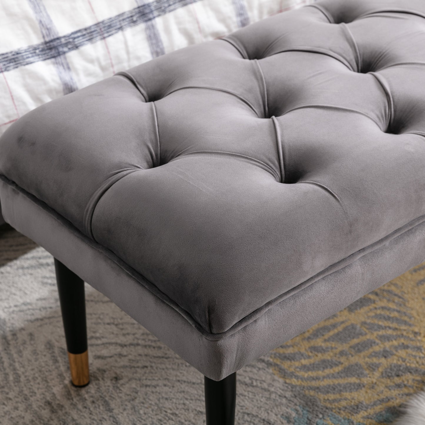 Tufted Bench Modern Velvet Button Upholstered Ottoman enches Bedroom Rectangle Fabric Footstool with Metal Legs for Living Room Entryway,Grey