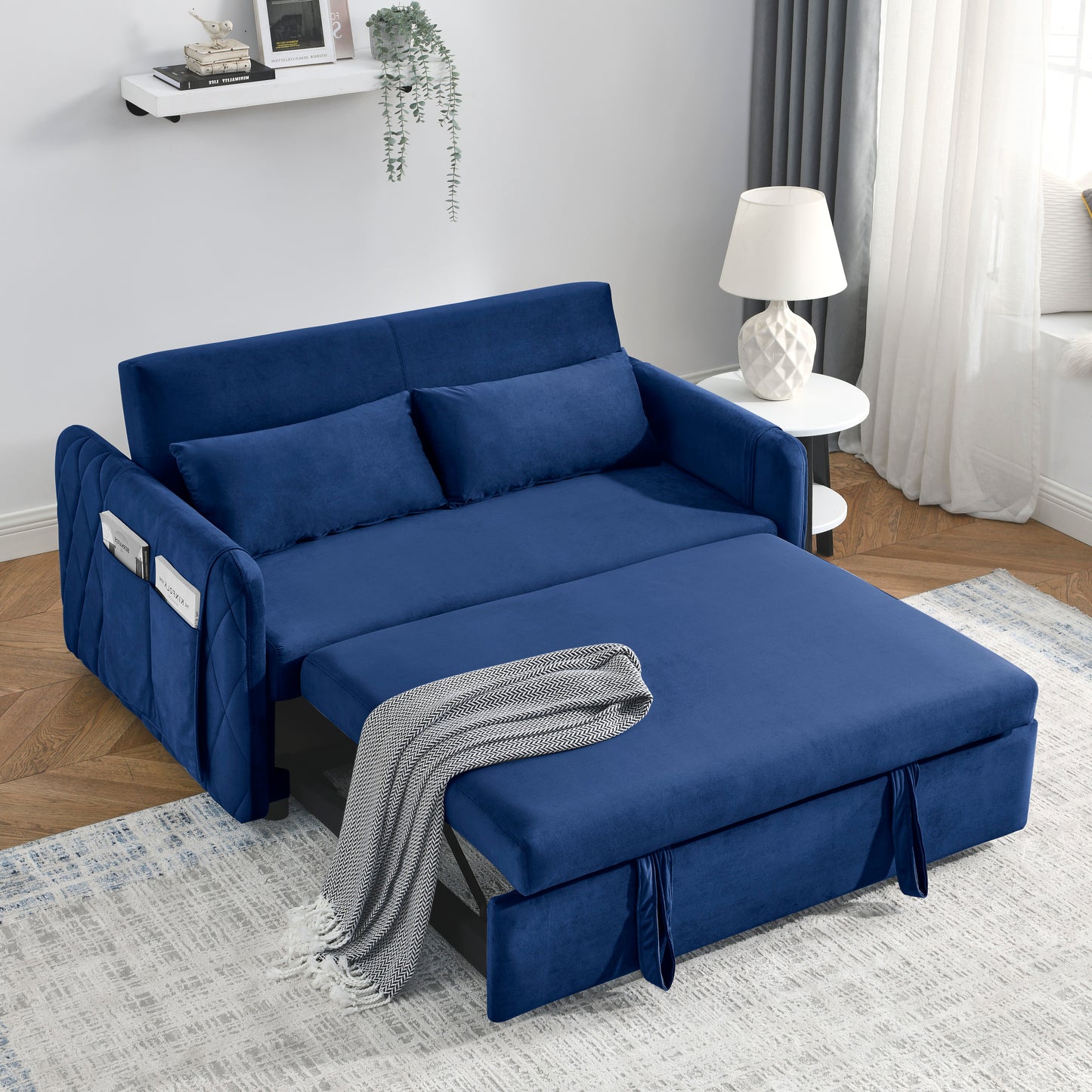 55 Convertible Velvet Sofa Bed with Adjustable Backrest and Storage Pockets