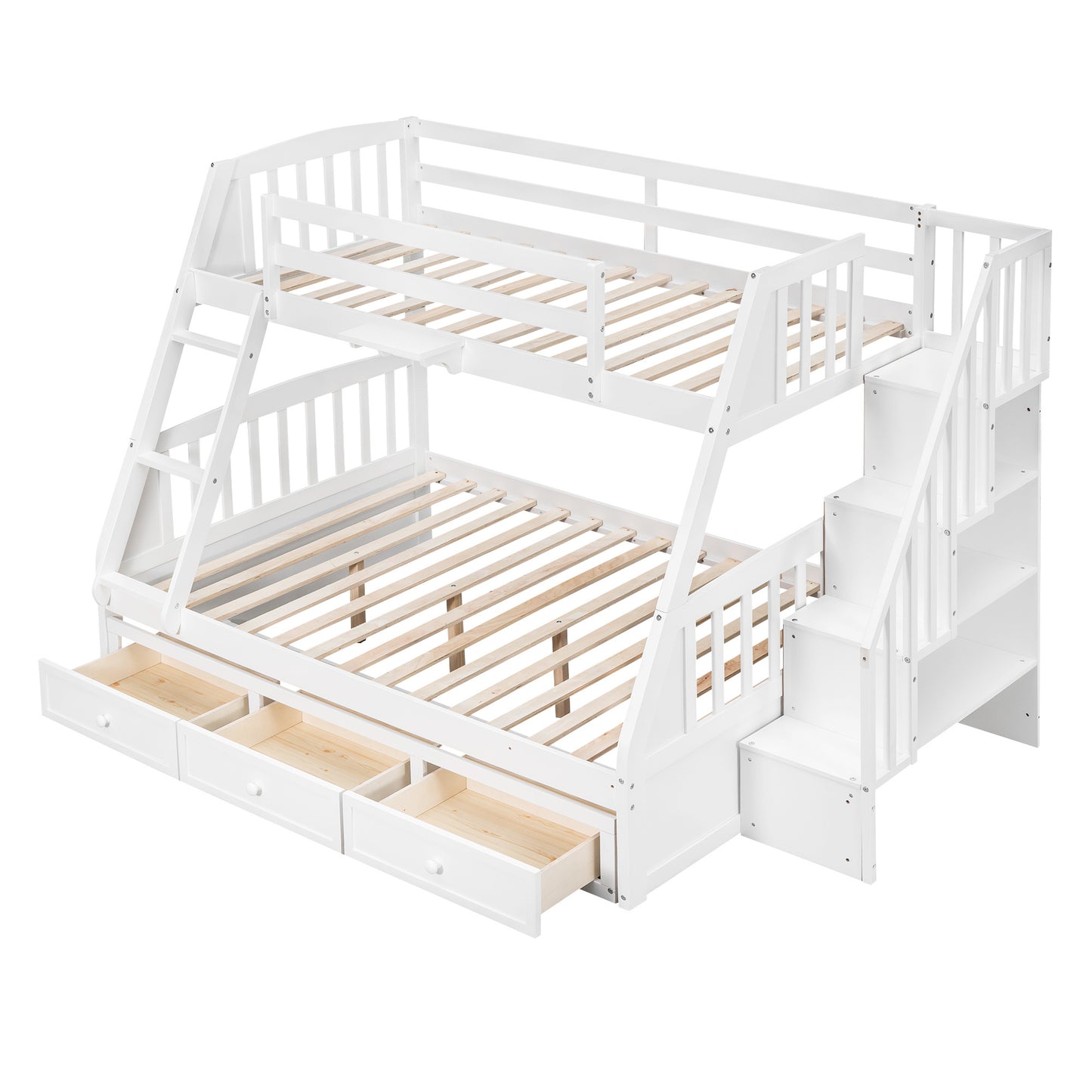 White Bunk Bed with Drawers, Ladder, and Storage Staircase for Twin and Full Sizes