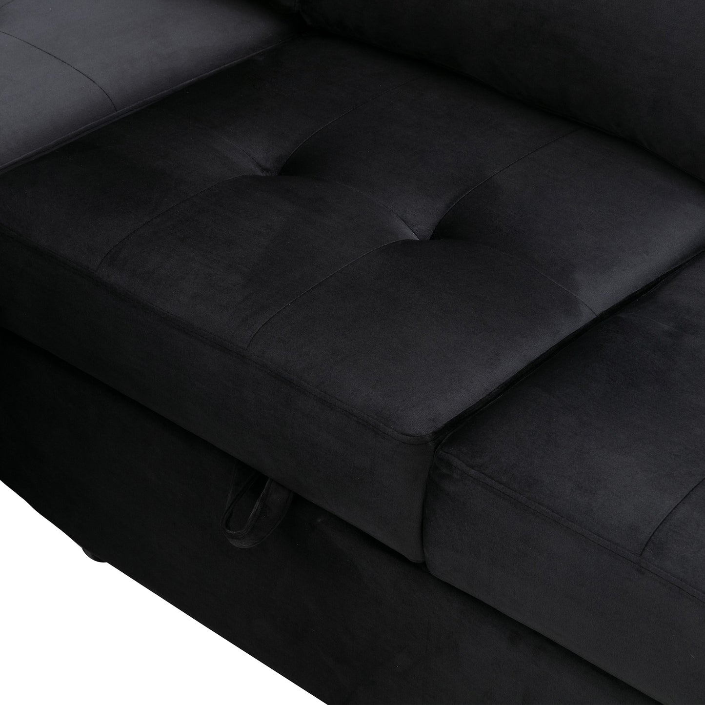 L-Shaped Sleeper Sectional Sofa with Storage Ottoman, USB Charge, and Hidden Arm Storage in Black Velvet