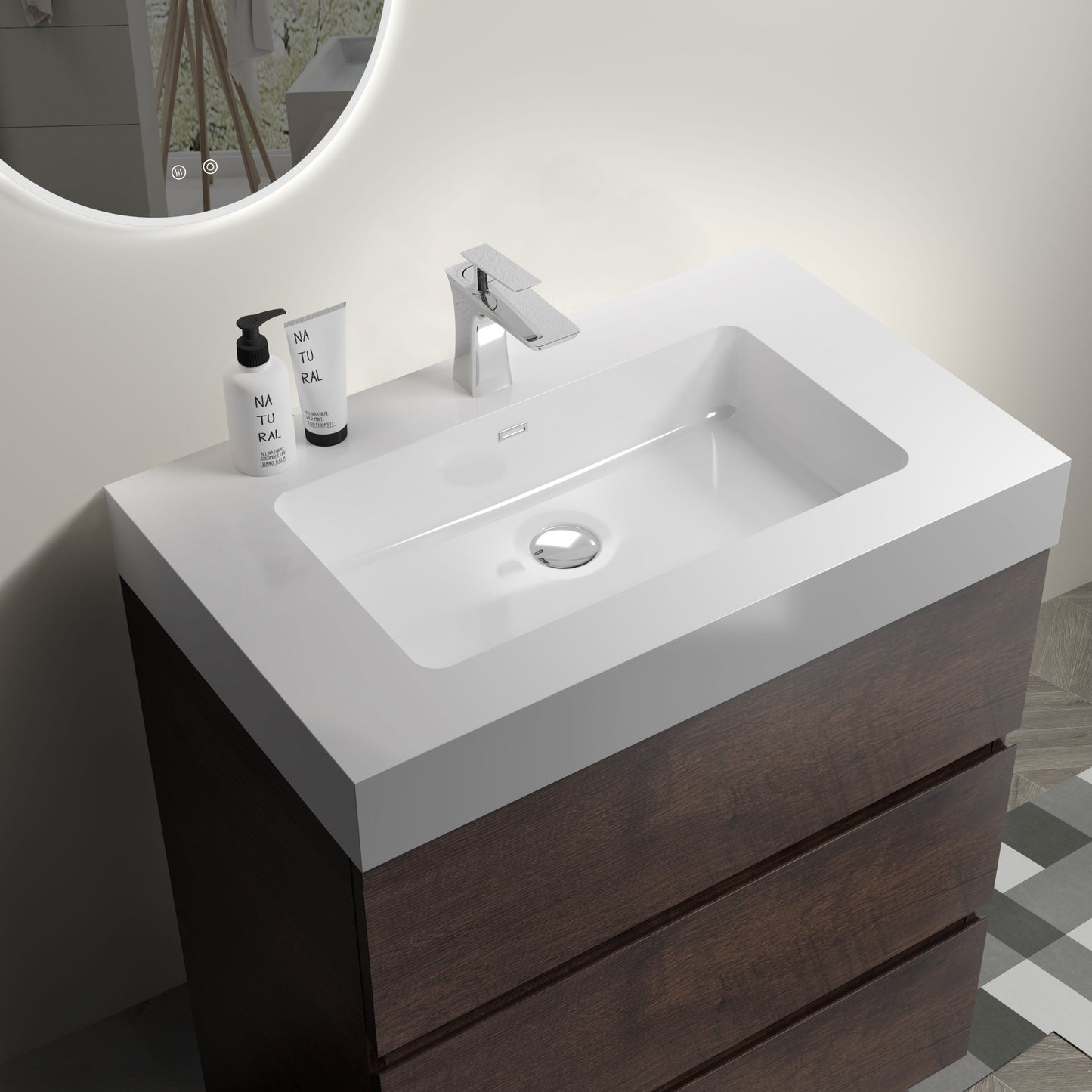 Alice 30" Walnut Bathroom Vanity with Sink, Large Storage Freestanding Bathroom Vanity for Modern Bathroom, One-Piece White Sink Basin without Drain and Faucet