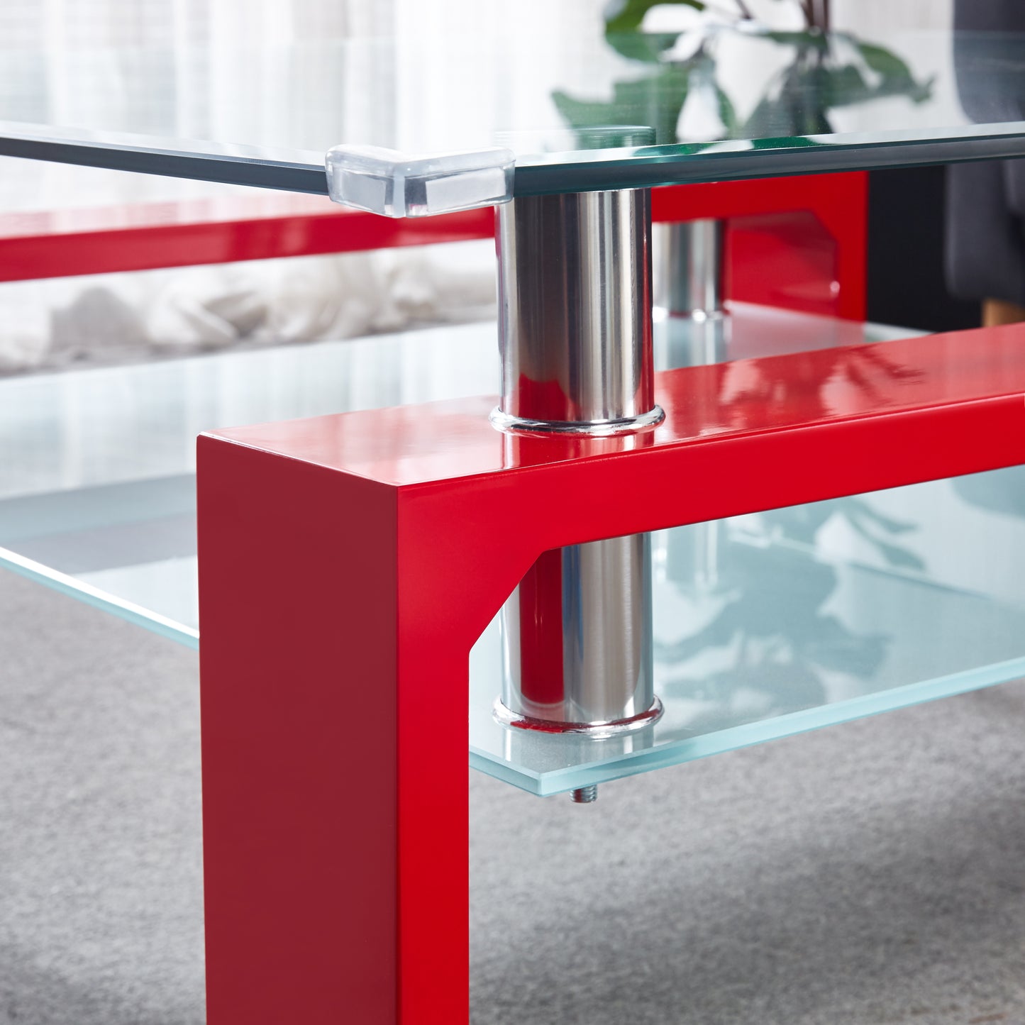 Modern Square Coffee Table with Two-Tier Tempered Glass Top and U-Shaped MDF Legs