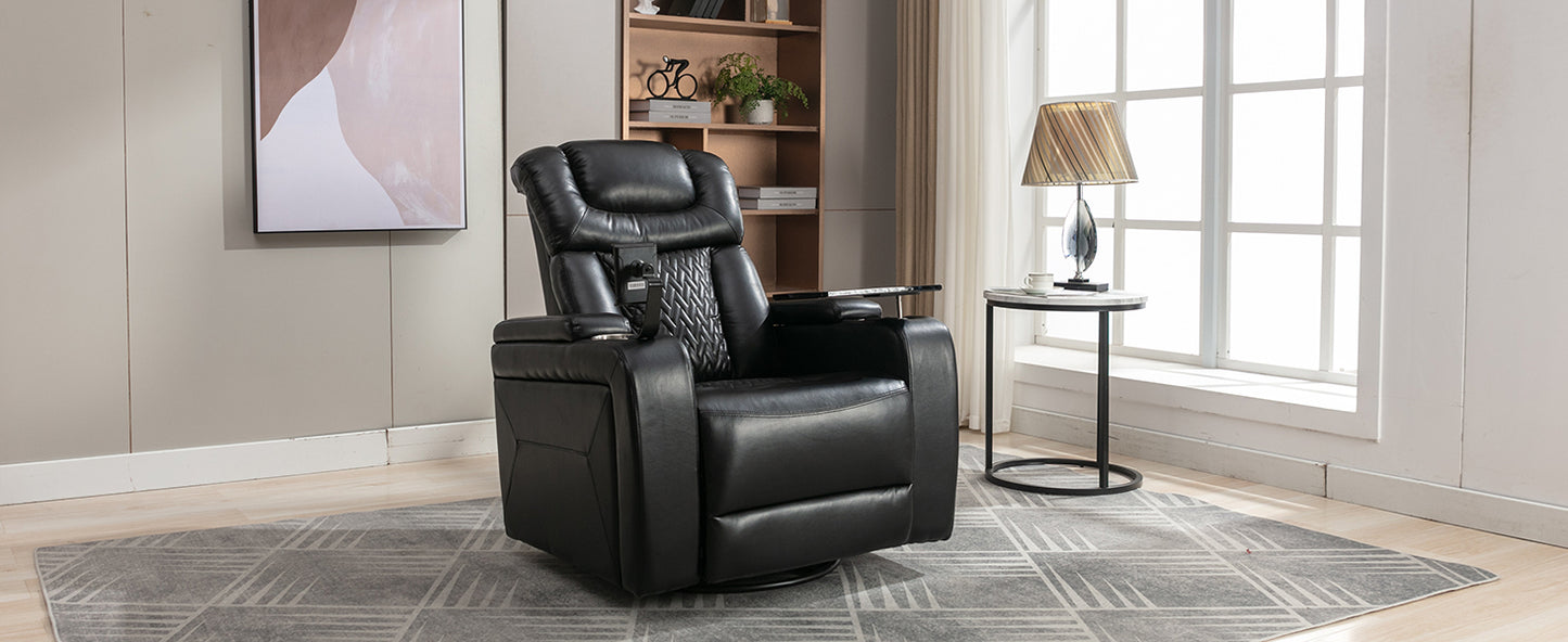 Luxury Black Swivel Recliner Chair with Tray Table, Phone Holder, and USB Port