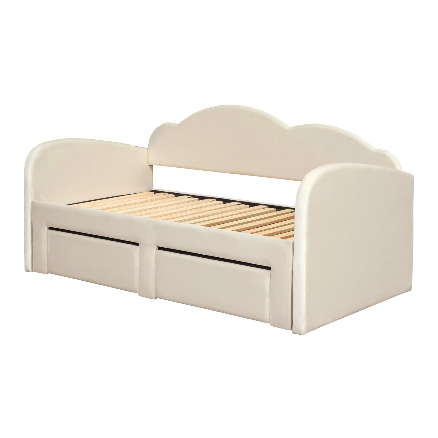 Twin Size Upholstered daybed with Cloud-Shaped Backrest, Trundle & 2 Drawers and USB Ports, Beige