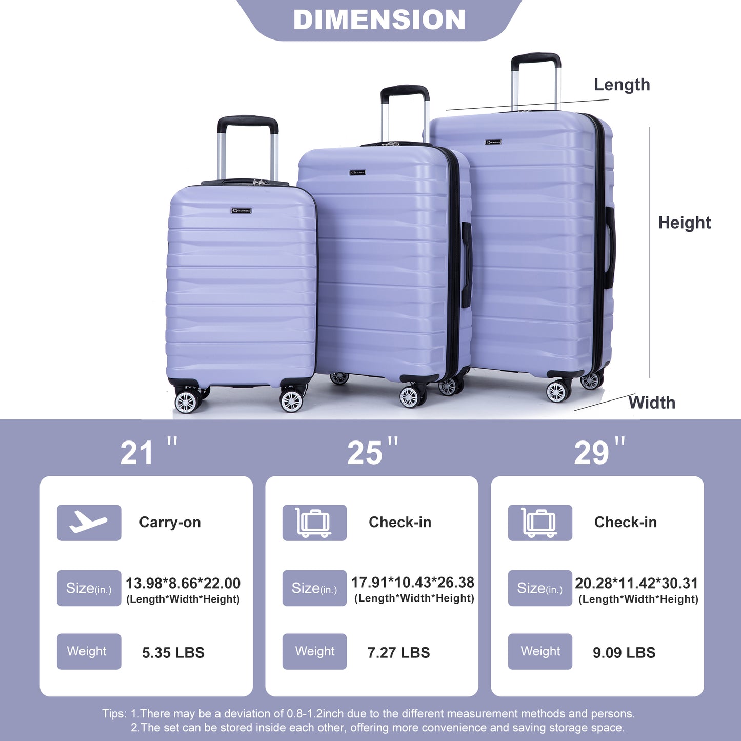 3 Piece Luggage Sets PC Lightweight & Durable Expandable Suitcase with Two Hooks, Double Spinner Wheels, TSA Lock, (21/25/29) Light Purple