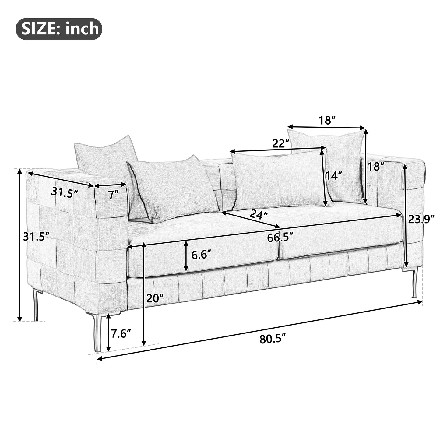 80.5 Modern Upholstered Sofa with Golden Metal Legs and Pillows