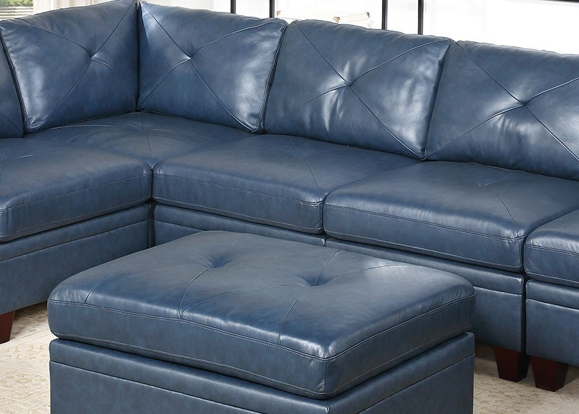 Luxurious Ink Blue Genuine Leather Modular Sofa Set with Tufted Design