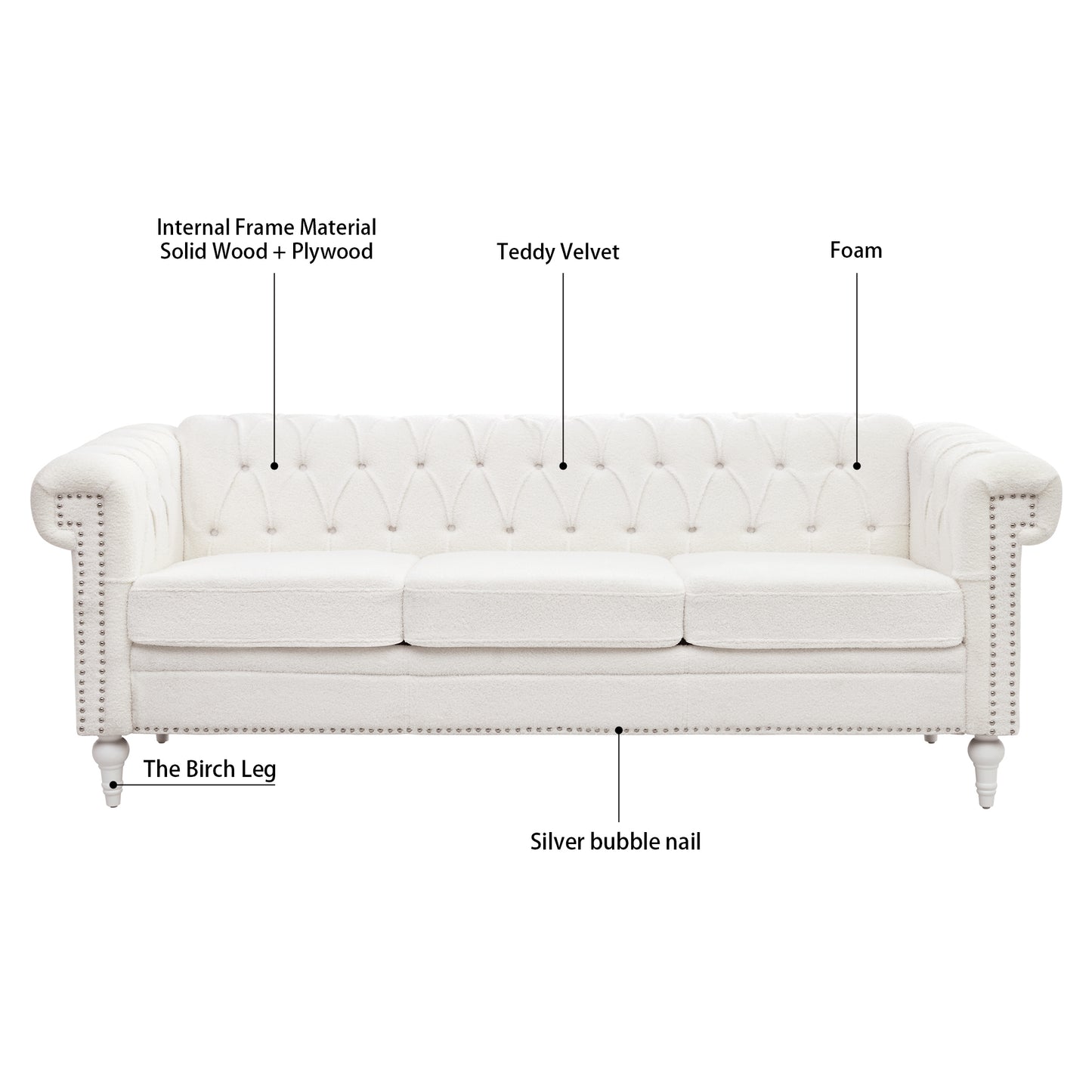 Traditional Bubble Nails Square Arm Sofa with Removable Cushions