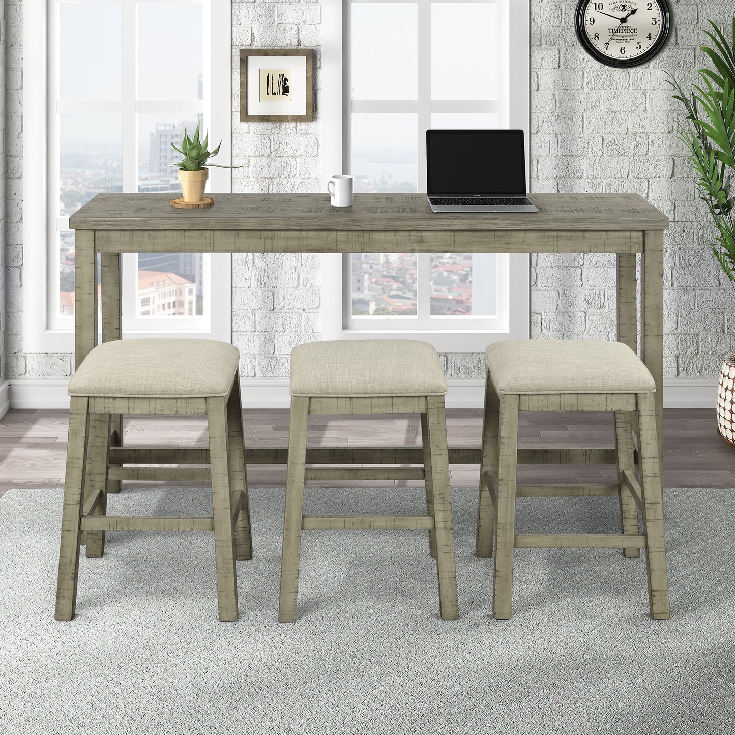 4 Pieces Counter Height Table with Fabric Padded Stools,Rustic Bar Dining Set with Socket,Gray Green