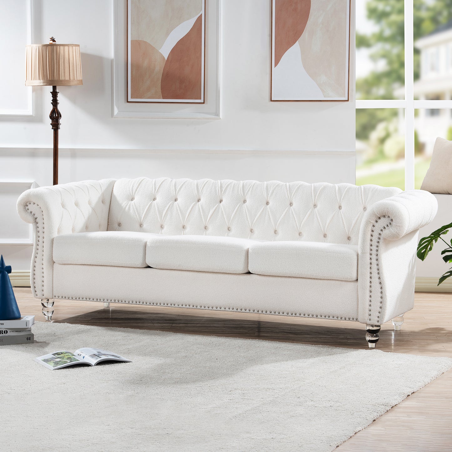 84.65-Inch Rolled Arm Chesterfield 3 Seater Sofa