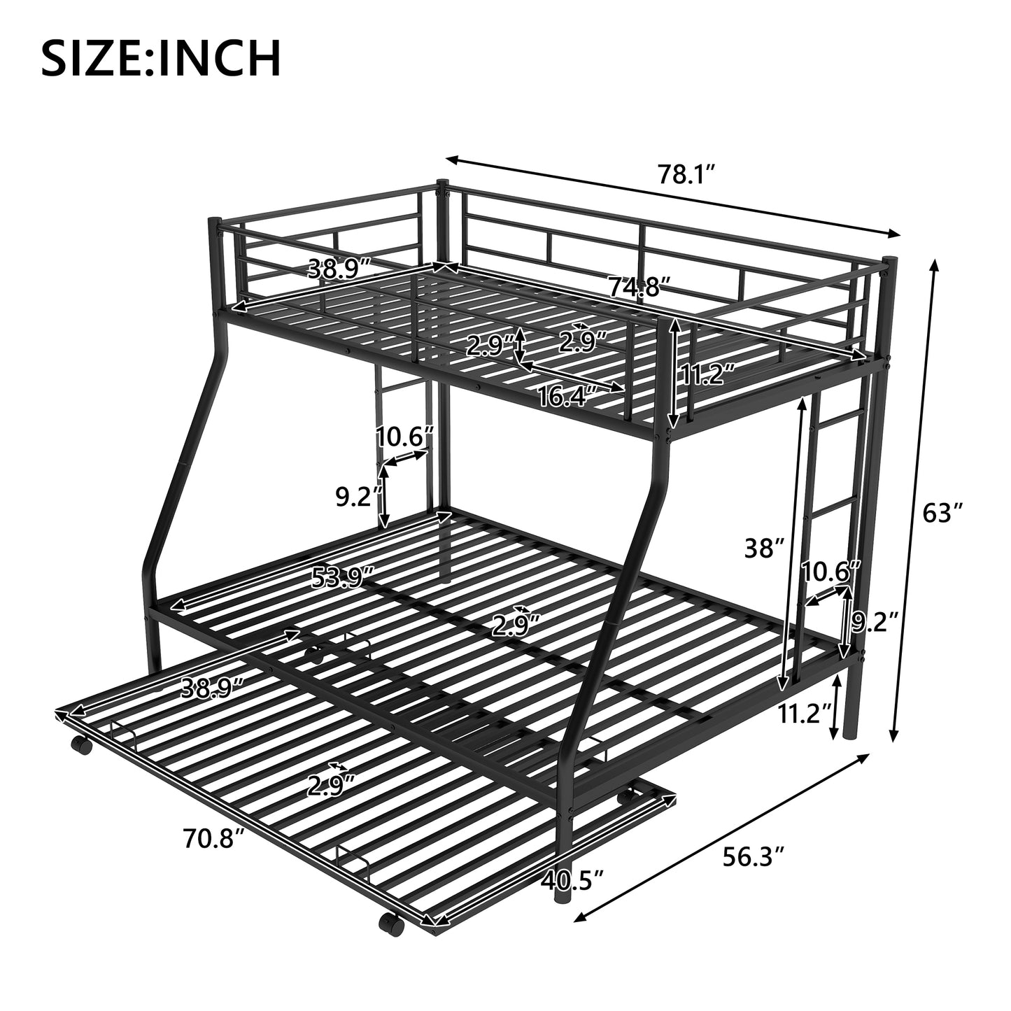 Twin over Full Bunk Bed with Trundle and Ladders for Space-Saving Sleep Solution