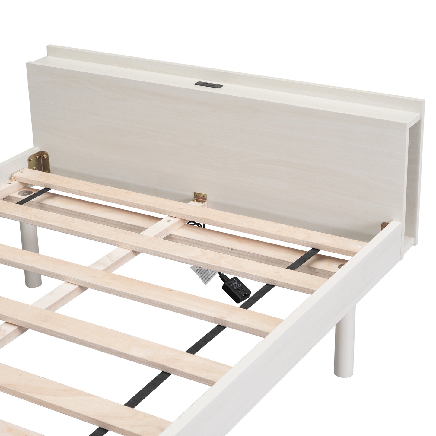 Modern Design Twin Size Platform Bed Frame with Built-in USB Ports for White Washed Color