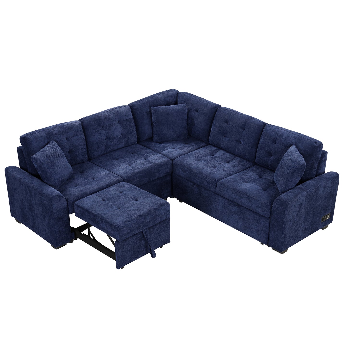 Convertible Navy Blue L-Shape Sleeper Sofa with USB Ports and Power Sockets