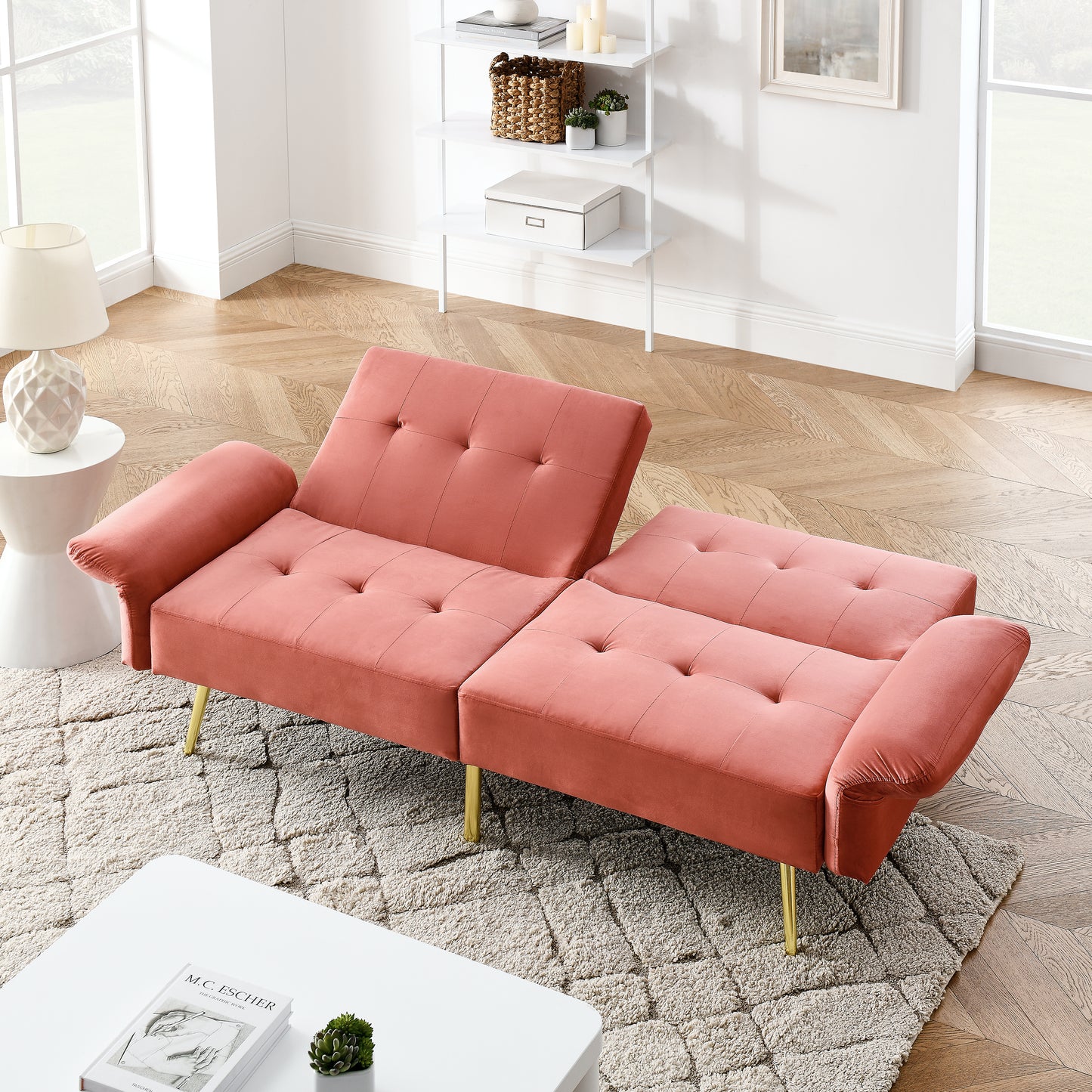 Pink Italian Velvet Convertible Sleeper Sofa Bed with Folded Armrests and Storage Bags